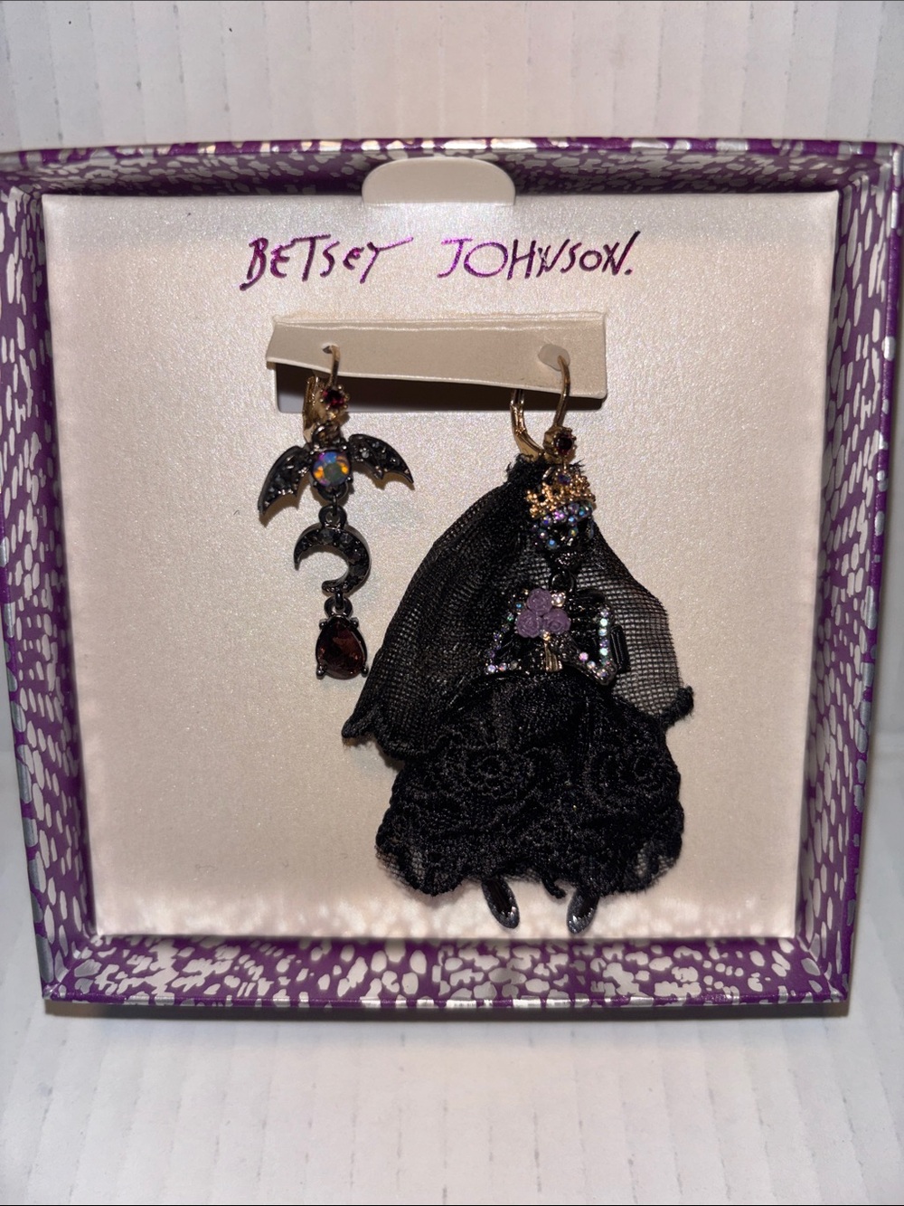 Betsey Johnson Black Bat & Doll Asymmetric Drop Earrings